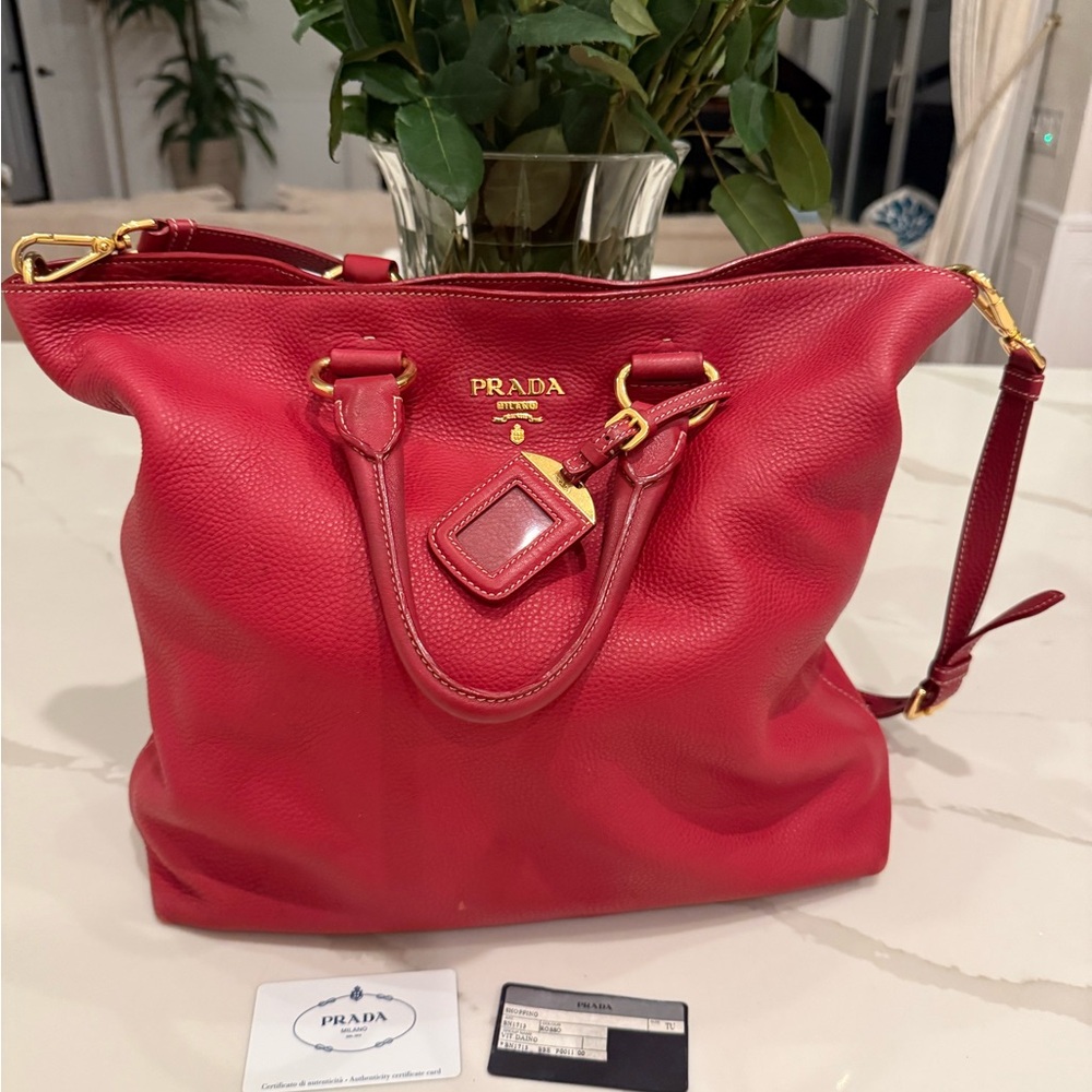 PRADA Authentic Vitello Daino Red Leather Tote Bag